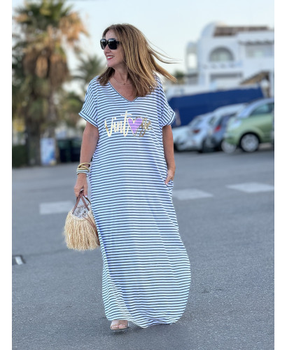 Vestido Blanco y Azul Marino con Mensaje "VINTAGE" 2