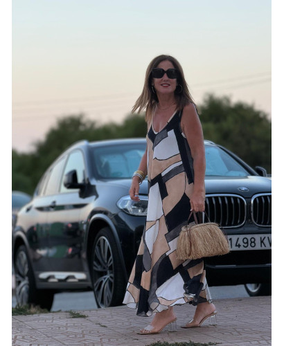 Vestido de Tirantes Evase con Estampado Geométrico en...