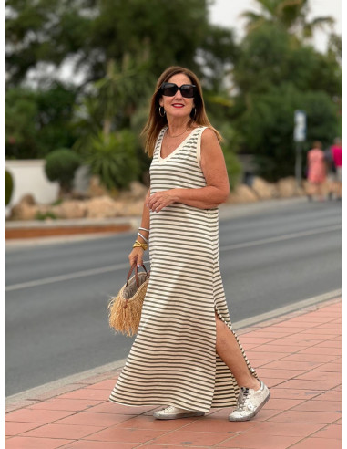 Vestido Navy en Crudo y Verde Kaki con Escote...