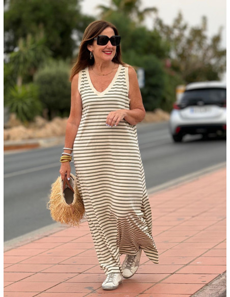 Vestido Navy en Crudo y Verde Kaki con Escote en Pico