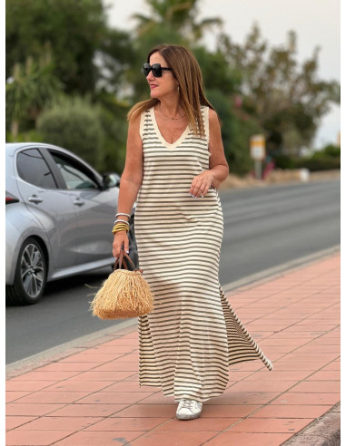 Vestido Navy en Crudo y Verde Kaki con Escote...