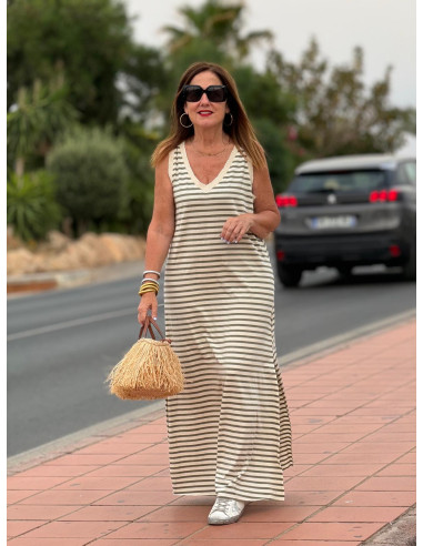 Vestido Navy en Crudo y Verde Kaki con Escote...