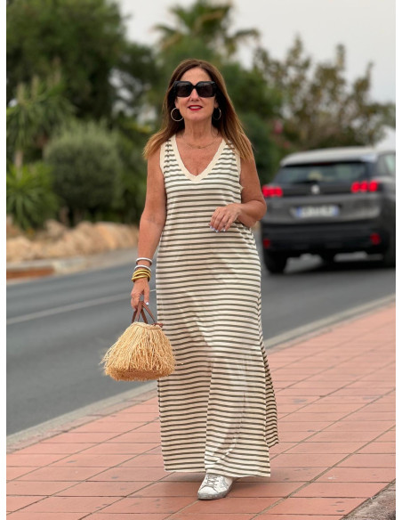 Vestido Navy en Crudo y Verde Kaki con Escote en Pico