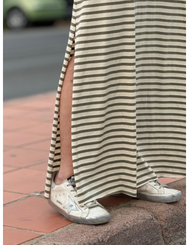 Vestido Navy en Crudo y Verde Kaki con Escote...