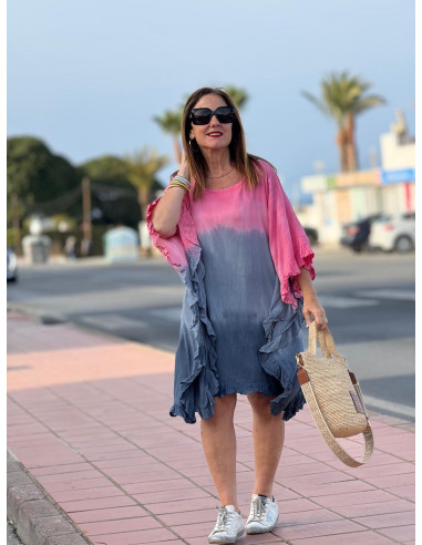 Vestido Tie Dye en Rosas y Azul Plomo con...