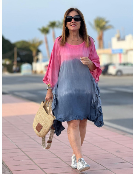 Vestido Tie Dye en Rosas y Azul Plomo con Cuello Redondo