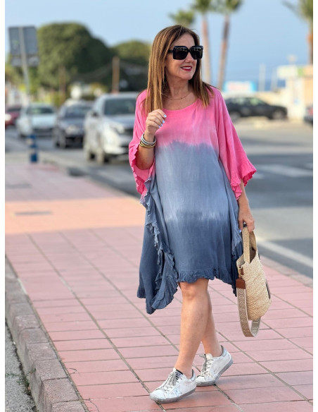 Vestido Tie Dye en Rosas y Azul Plomo con Cuello Redondo