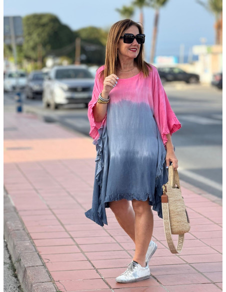 Vestido Tie Dye en Rosas y Azul Plomo con Cuello Redondo