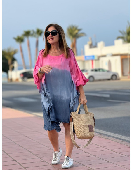 Vestido Tie Dye en Rosas y Azul Plomo con Cuello Redondo