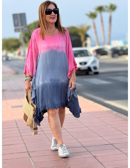 Vestido Tie Dye en Rosas y Azul Plomo con Cuello Redondo
