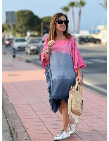 Vestido Tie Dye en Rosas y Azul Plomo con...