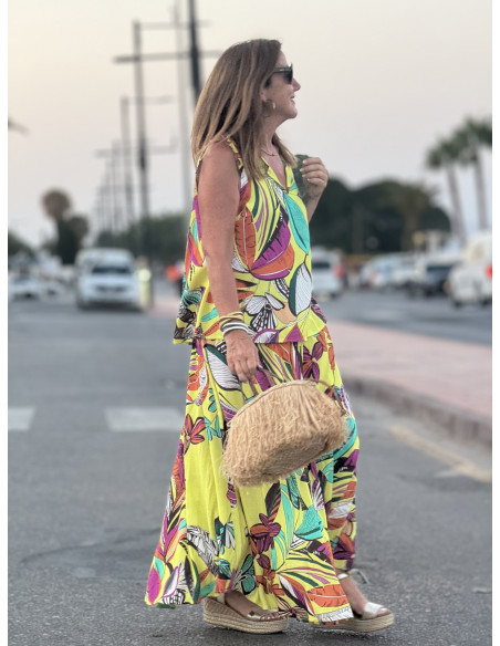 Falda Amarilla con Estampado Tropical y Cintura Elástica