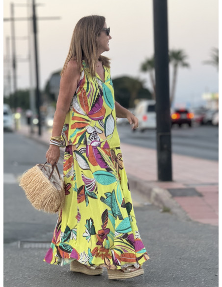 Falda Amarilla con Estampado Tropical y Cintura Elástica