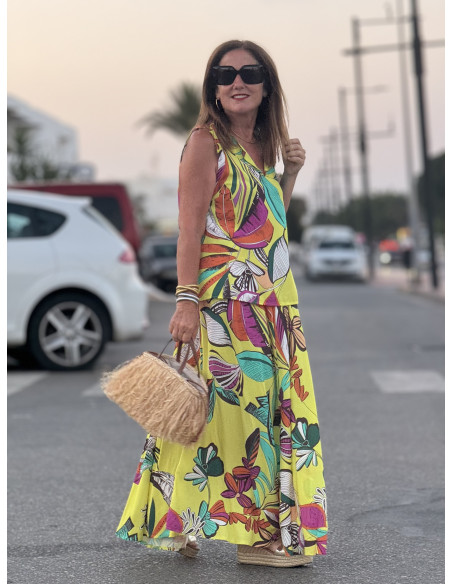 Falda Amarilla con Estampado Tropical y Cintura Elástica