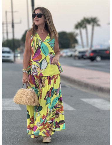Falda Amarilla con Estampado Tropical y Cintura...