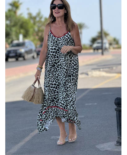 Vestido de Tirantes Animal Print Verde con Piculina Roja