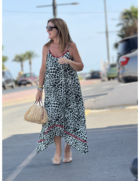 Vestido de Tirantes Animal Print Verde con Piculina Roja