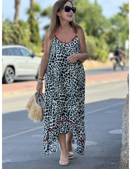 Vestido de Tirantes Animal Print Verde con Piculina Roja