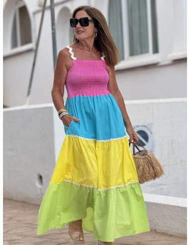 Vestido Largo en Franjas de Colores con Cuerpo...