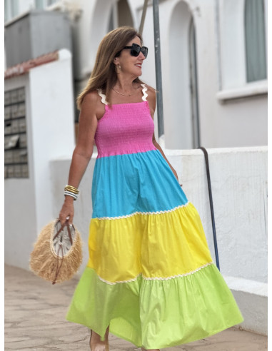 Vestido Largo en Franjas de Colores con Cuerpo...