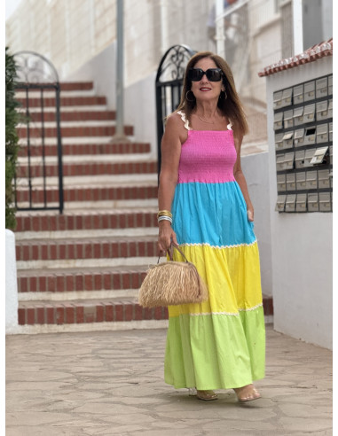 Vestido Largo en Franjas de Colores con Cuerpo...