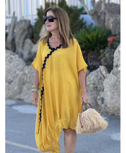 Vestido Asimétrico de Lino en Color Mostaza con Piculina... 2