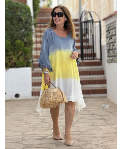 Vestido Tie Dye en Amarillo, azul plomo y blanco con... 2
