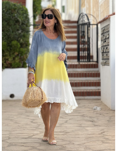 Vestido Tie Dye en Amarillo, azul plomo y...