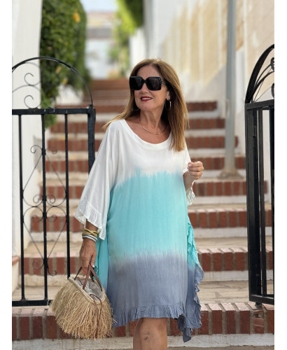 Vestido Tie Dye en Turquesa, azul plomo y blanco con...
