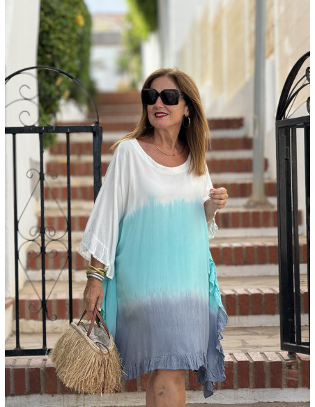 Vestido Tie Dye en Turquesa, azul plomo y blanco con Cuello Redondo