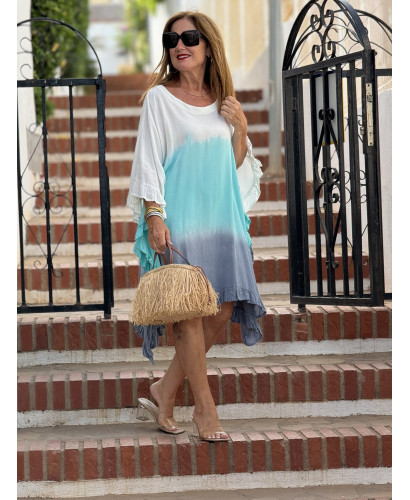 Vestido Tie Dye en Turquesa, azul plomo y blanco con... 2