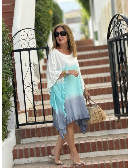 Vestido Tie Dye en Turquesa, azul plomo y blanco con Cuello Redondo