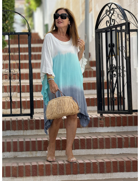 Vestido Tie Dye en Turquesa, azul plomo y blanco con Cuello Redondo