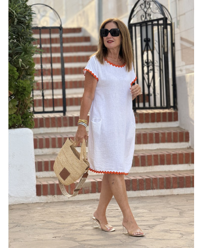 Vestido Blanco Corto con Frontal de Lino y Espalda de...