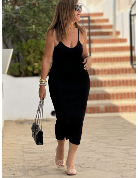 Vestido de Canalé Negro con Tirantes Regulables y Abertura Lateral