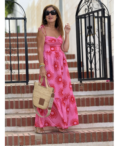 Vestido Rosa de Tirante Fino con Estampado de Soles Rojos