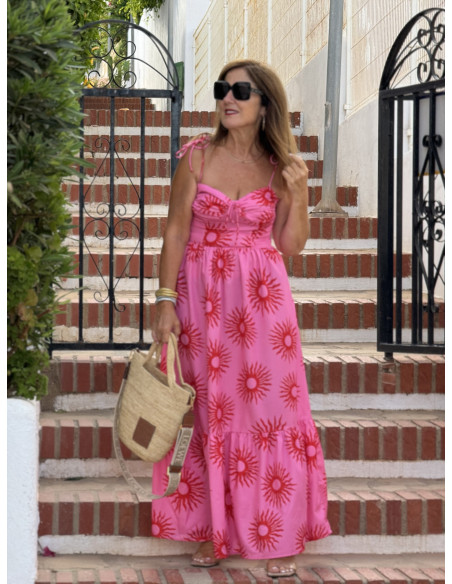 Vestido Rosa de Tirante Fino con Estampado de Soles Rojos