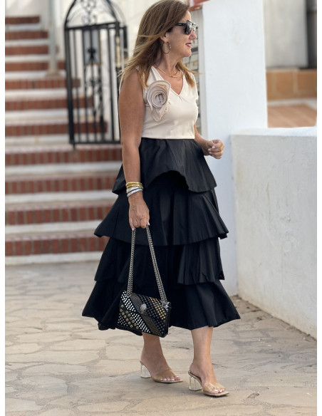 Vestido Combinado Crudo y Negro con Volantes