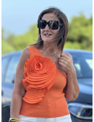 🌺 Camiseta naranja de canalé con Manga...
