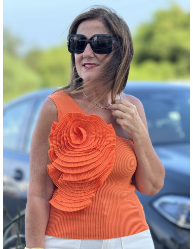 🌺 Camiseta naranja de canalé con Manga...
