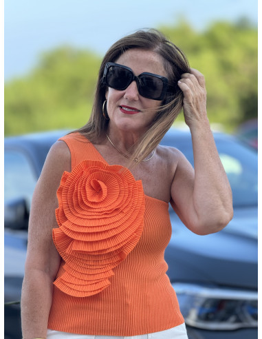 🌺 Camiseta naranja de canalé con Manga...