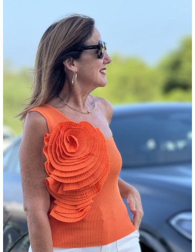 🌺 Camiseta naranja de canalé con Manga...