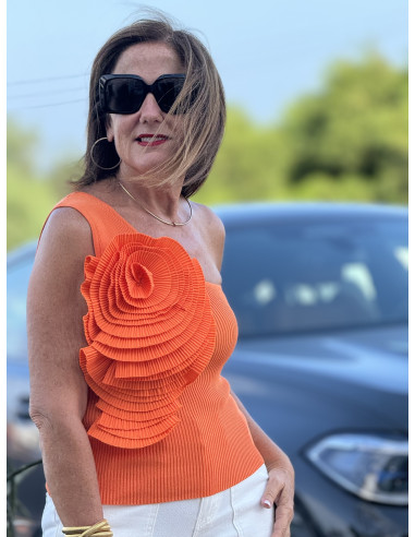 🌺 Camiseta naranja de canalé con Manga...