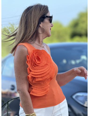🌺 Camiseta naranja de canalé con Manga...