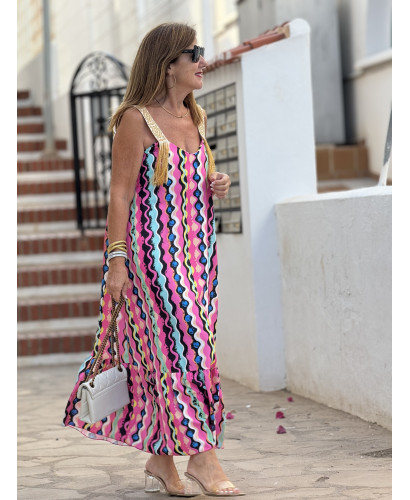 Vestido de Tirantes Bordado con Flecos y Estampado Colorido