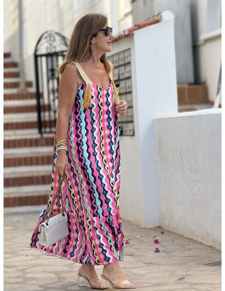Vestido de Tirantes Bordado con Flecos y Estampado Colorido