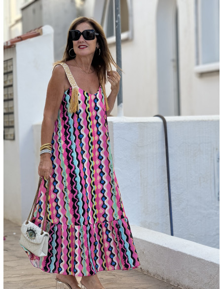 Vestido de Tirantes Bordado con Flecos y Estampado Colorido