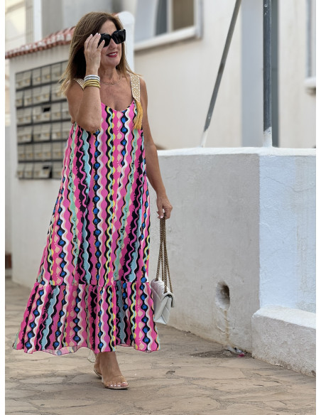 Vestido de Tirantes Bordado con Flecos y Estampado Colorido