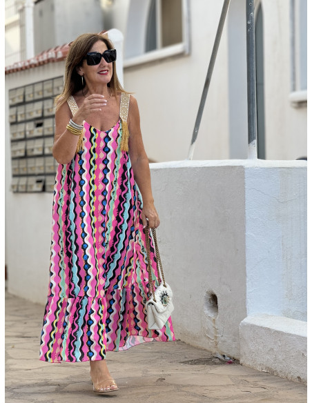 Vestido de Tirantes Bordado con Flecos y Estampado Colorido