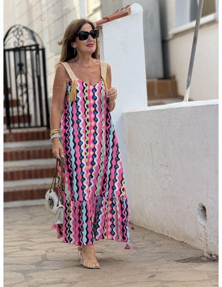 Vestido de Tirantes Bordado con Flecos y Estampado Colorido